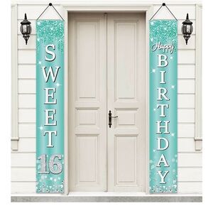 Sweet 16 Birthday Party Vertical Banner Set Light Blue, Turquoise Blue 71”x12”